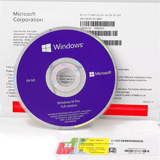 Microsoft Windows 10 Professional 64 -bit OEM | DVD with License Key
