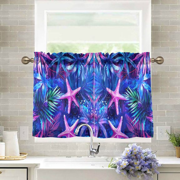 Yayeee Kitchen Curtains Tier Pair Light Filtering 27"x24" Rod Pocket Short Cafe Window Panel, Neon Pink Starfish