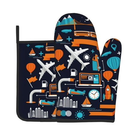 

Tebeau Creative Transport Print Oven Mitts and Pan Racks 2-Piece Set Kitchen Oven Mitts and Pan Racks Heat Resistant 500 °F for Baking and Cooking