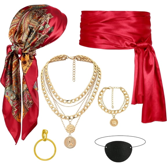 2025 Halloween Pirate Costume Accessories Set for Women, Pirate Hat, Head Scarf, Sash, Belt, Dress Accessories Red