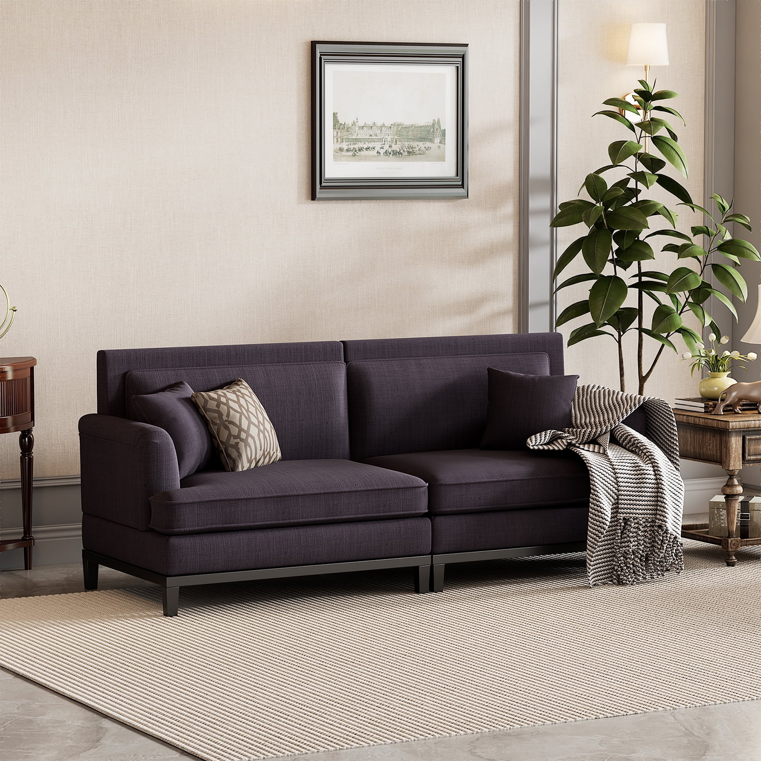 Kadyn Upholstered Loveseat Sofa, Sofa Couches with Wooden Legs and Two Throw Pillows for Living Room, Grey