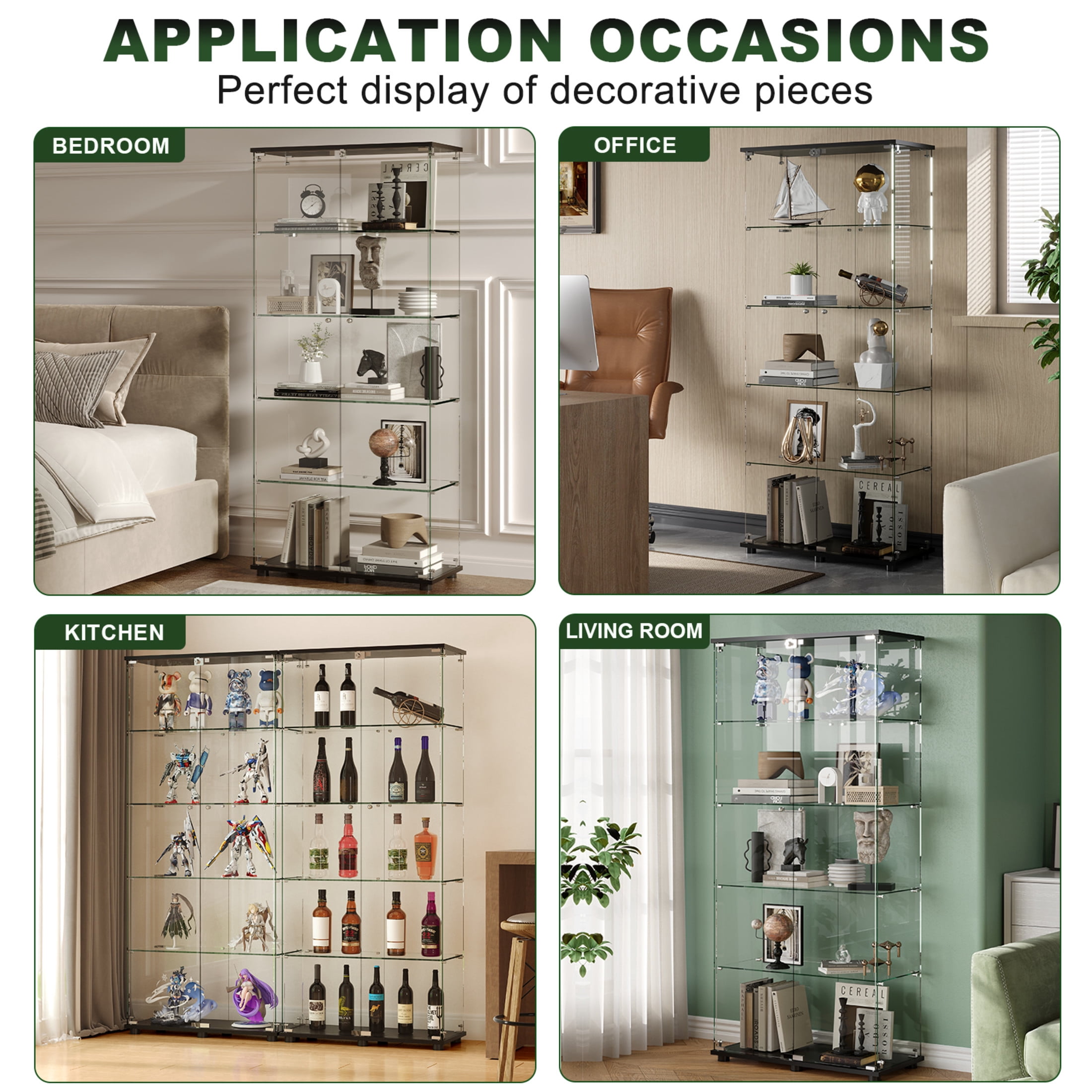 Noble House Floor Standing Display Cabinet with Locking Double Doors, 5-Shelf Tempered Glass Curio Cabinet, Black