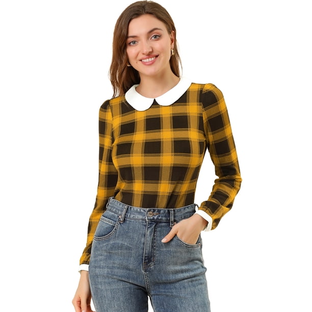INSPIRE CHIC Blusaa Cuadros Cuello Peter Pan Manga Abullonada En Contraste Camisa Para Mujer Amarillo M