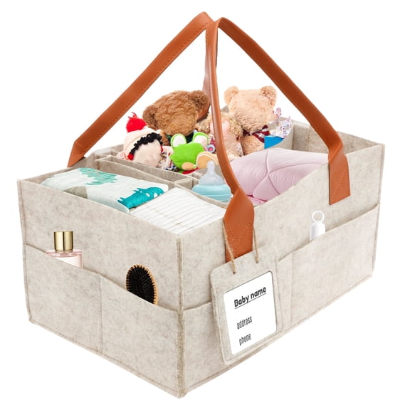 Evjurcn Portable Diaper Caddy Organizer Thickened Felt Baby Diaper Caddy with PU Leather Handle Multiple Compartment for Home Outdoor New Parent