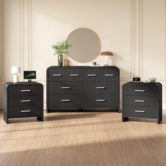 HUJAUU 3 Piece Modern Dresser and Nightstand Set, Curved Dresser with 8 Drawers & 3-Drawer Fluted Nightstand Set of 2 with Charging Station, Black