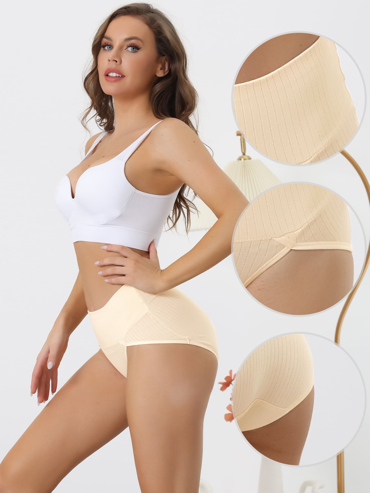 Unique Bargains Women's Plus Size High Waist Underpants Stretch Briefs M Champagne