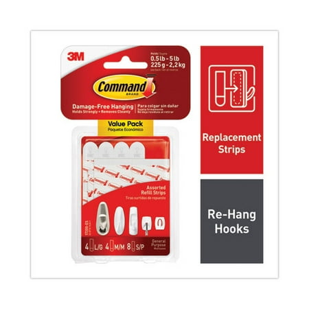 

2PK Assorted Refill Strips Removable (8) Small 0.75 x 1.75 (4) Medium 0.75 x 2.75 (4) Large 0.75 x 3.75 White 16/Pack