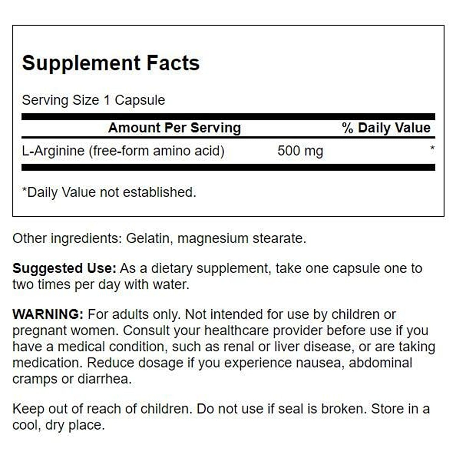 Swanson Amino Acid L-Arginine 500 Milligrams 100 Capsules (4 Pack)