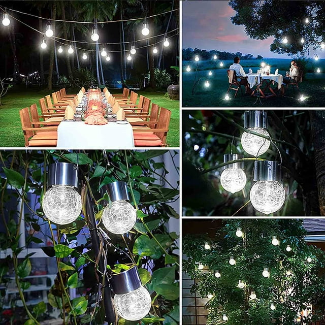 Birdeem Outdoor Solar Hanging Lights,Solar Glass Ball Pendant Light with Crackle Design,Led Rattan Ball Lantern for Garden Patio Yard Decoration,Weather-Resistant String Lights