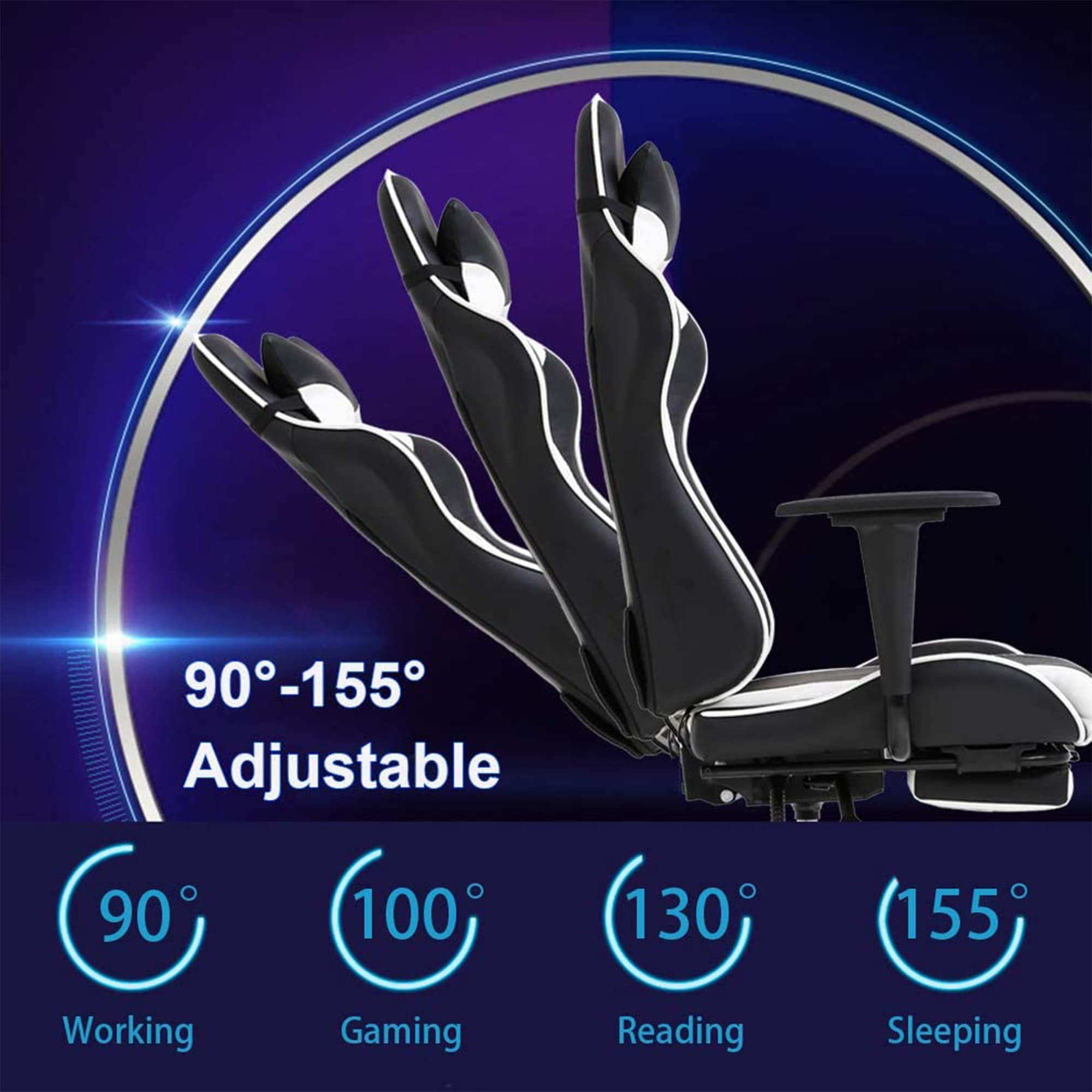 BestOffice Ergonomic Gaming Chair w/Adjustable Lumbar Pillow & Footrest, Reclining Office Computer Chair, White