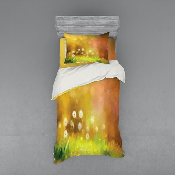 Ambesonne Watercolor Bedding Set 3 Pcs, Dandelions Fawn Colors, Twin, Yellow Green