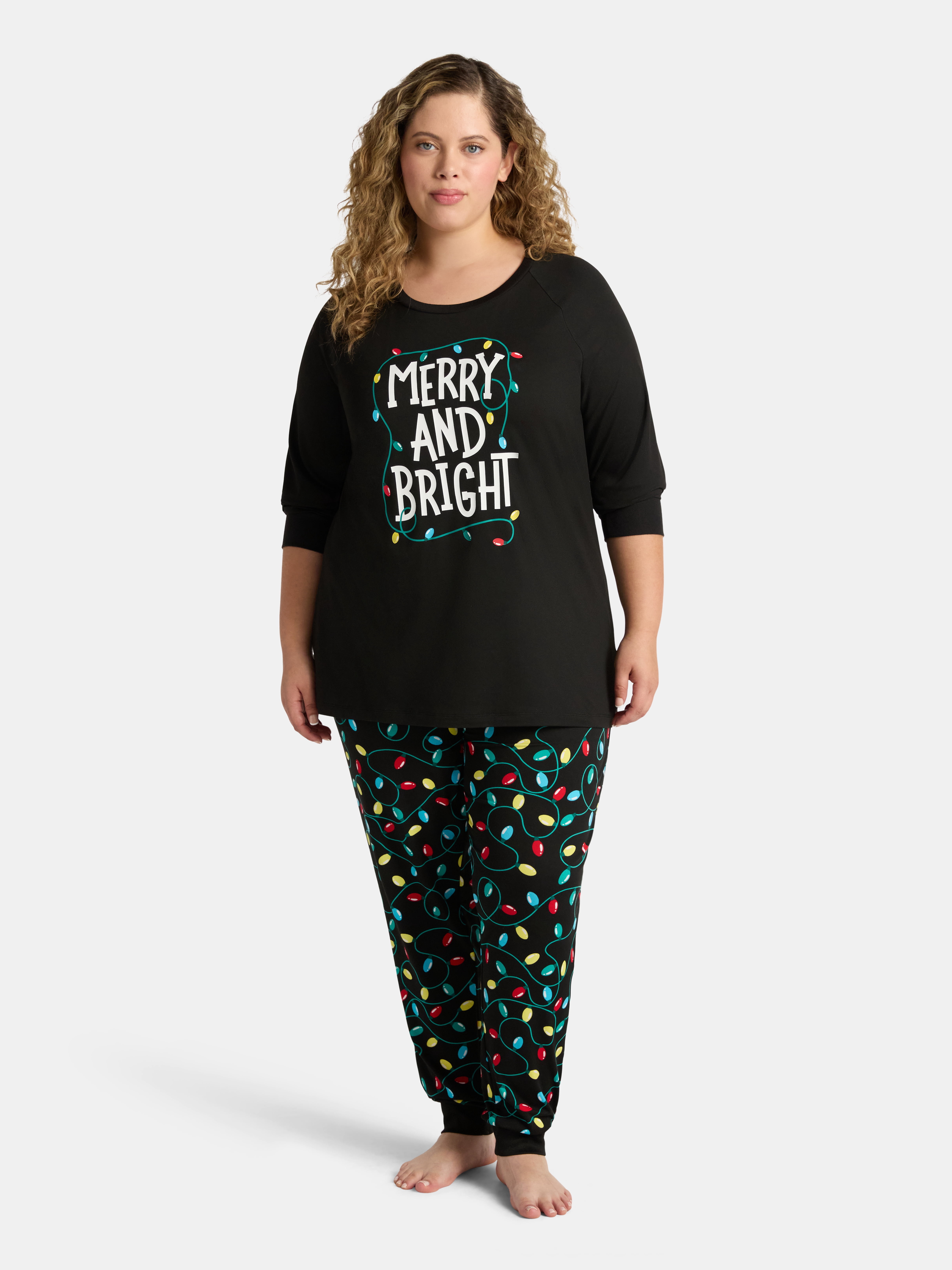 Holiday Time Women's Matching Family Pajamas Merry and Bright Top and Pants Set, 2-Piece, Sizes S-3X