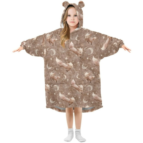 Wearable Blanket Hoodie for Kids Jumping Little Fox Flannel Hooded Blanket with Pockets and Sleeves Suitable for Boys and Girls