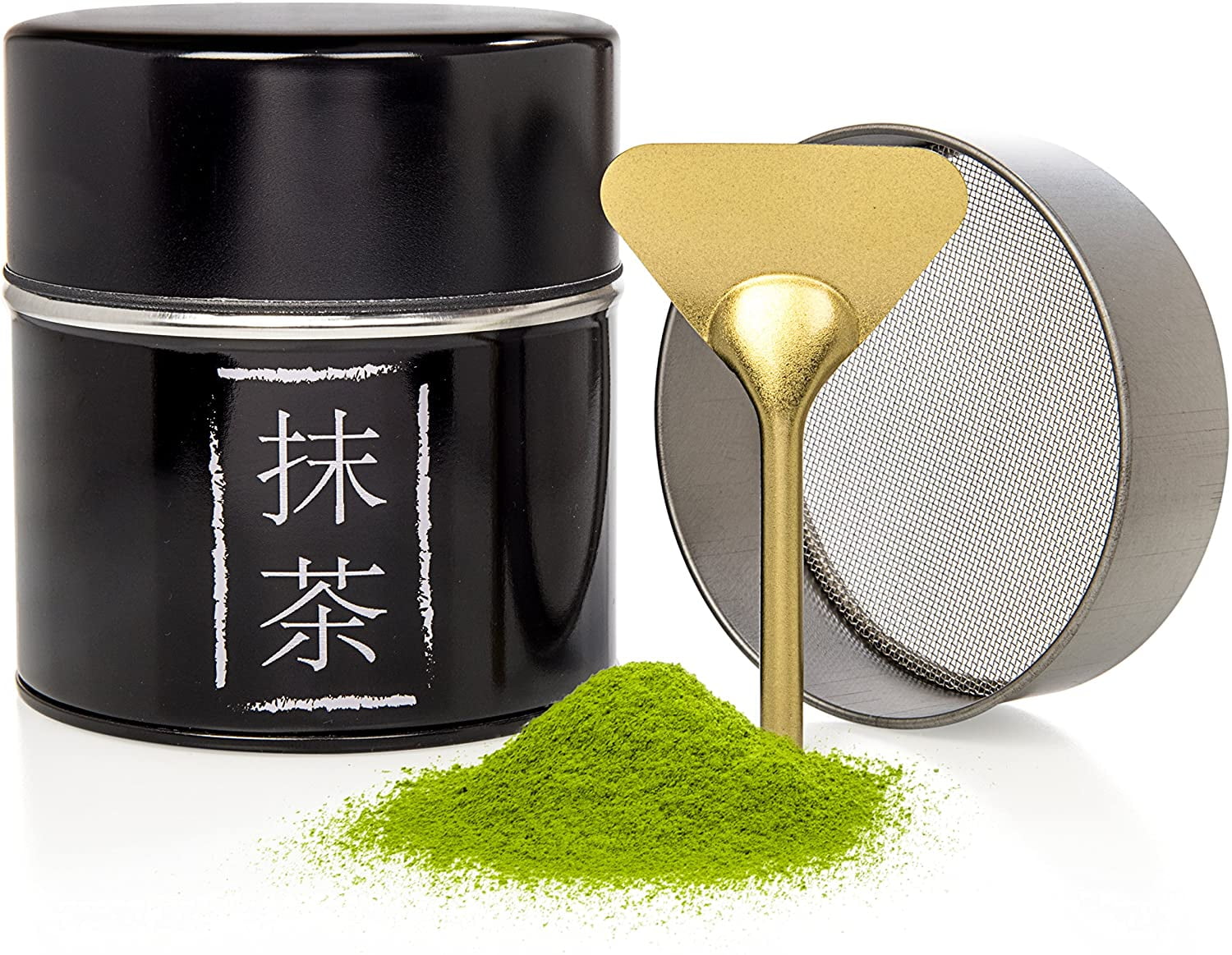 Tealyra 4-Ounce Removable Sifter Part Make Perfect Matcha Holds Up to 113g Matcha Plated Aluminum Tin and Stainless Steel Mesh Sifter and Scoop Matcha Green Tea Strainer Can 