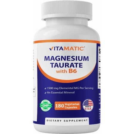 Vitamatic Magnesium Taurate 1500mg per Serving - 180 Vegetarian Capsules (Provides 300 mg of Elemental Magnesium) - Added B6 for Maximum Absorption - Supports Muscle, Joint, and Heart Health*