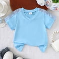 thumbnail image 5 of Girls Solid Color V Neck Short Sleeve T-Shirt Kids Mesh Cutout Splicing Shoulder Stitching Blouse Breathable Casual Summer Tee Top for Daily Wear(Blue,8-9 Years), 5 of 9