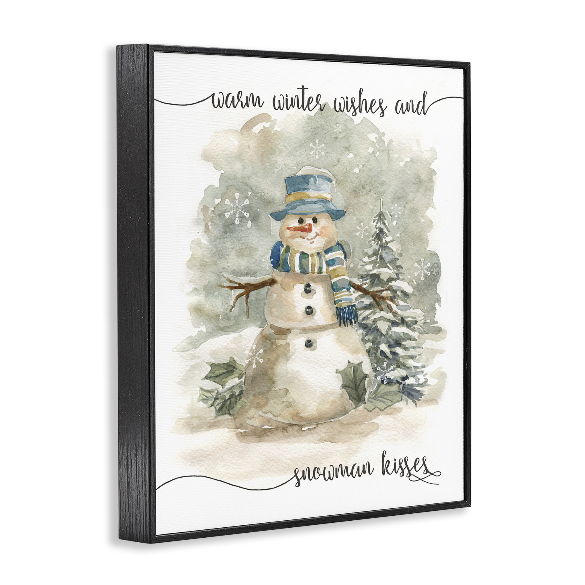 Stupell Industries Snowman Kisses Phrase Holiday Painting Black Framed Art Prints Wall Art, 11 x 14