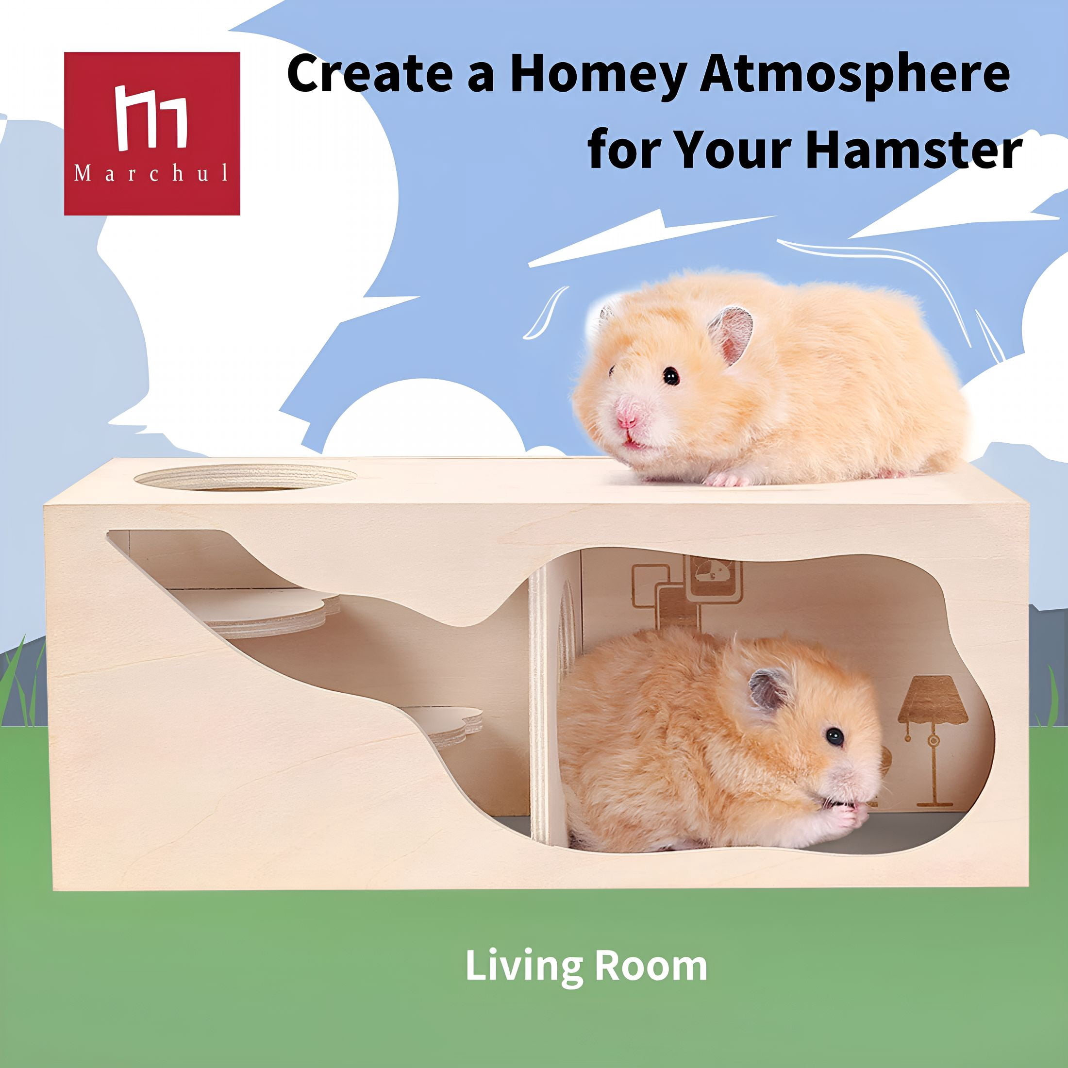 XIBUFE Guinea Pig Hideout Wooden House Chamber Small Animals Pets Tunnel Exploring Toys for Dwarf Hamsters, Syrian Hamsters, Gerbils, Hedgehogs, Rats, Mice, Chinchilla (Living Room)