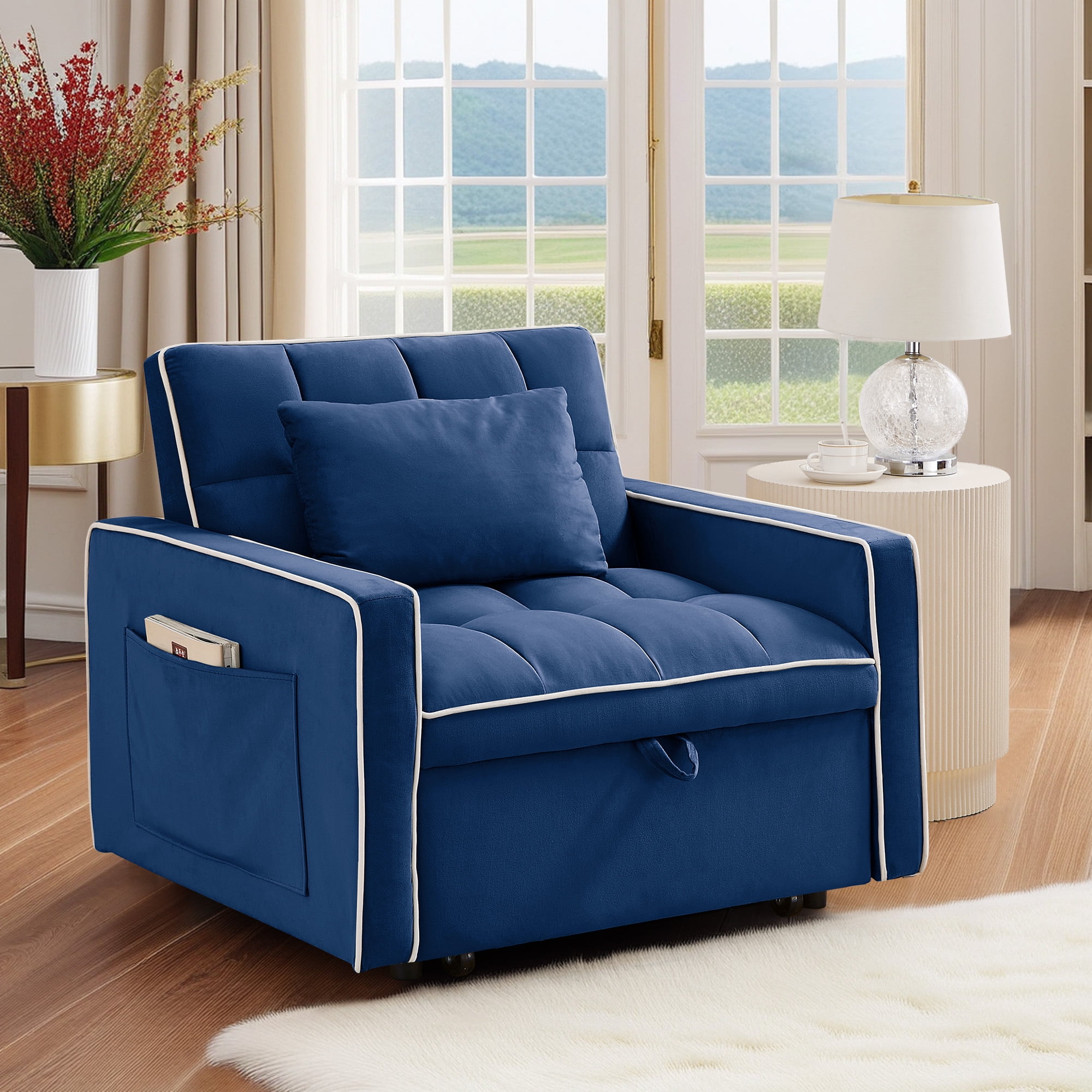 Dinosisco 3-in-1 Convertible Chair Bed, Sleeper Chair Lounge Chair Indoor, Modern Single Pull Out Couch for Living Room, Cobalt Blue Velvet