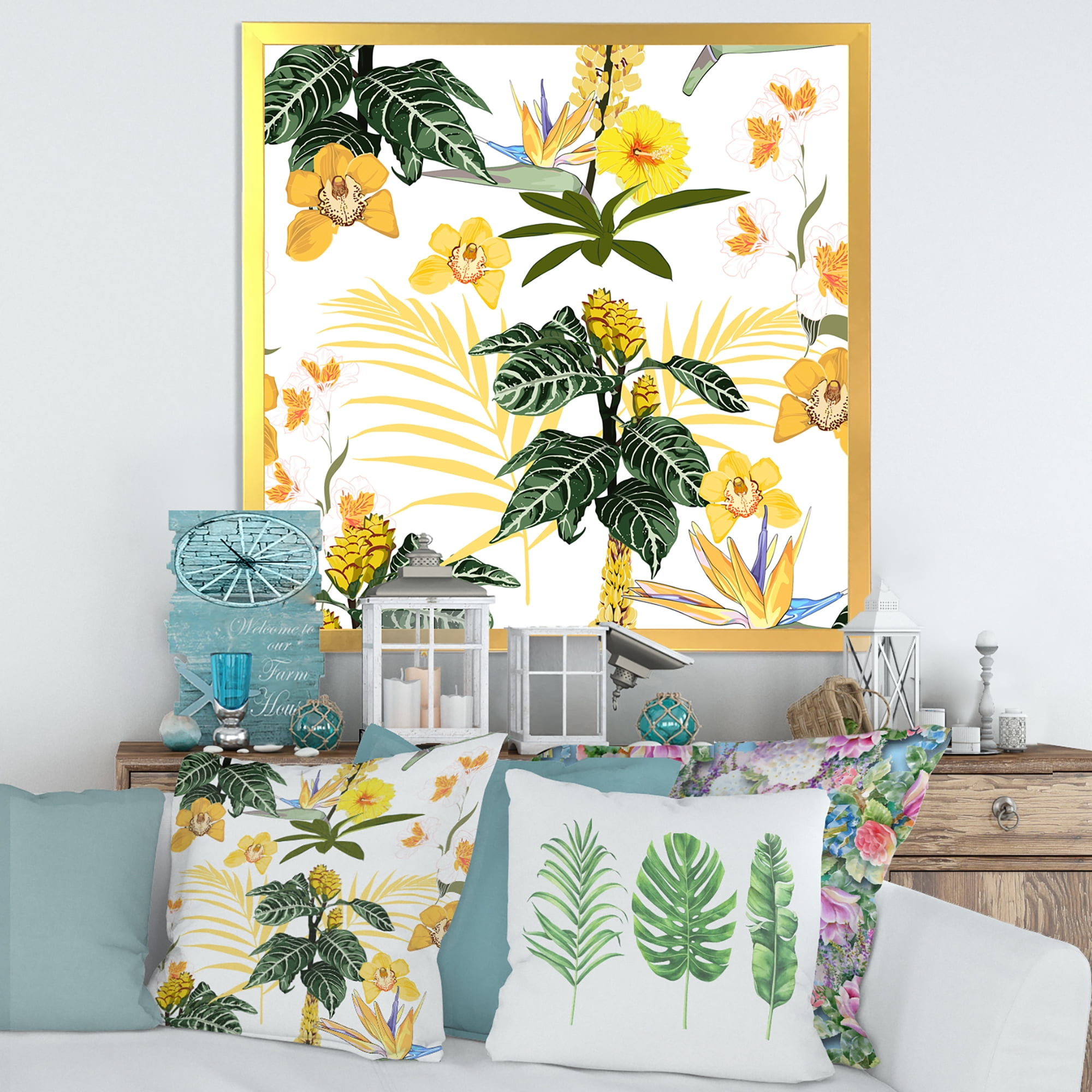 Designart 'Pattern Of Beautiful Yellow Flowers ' Modern Framed Art Print