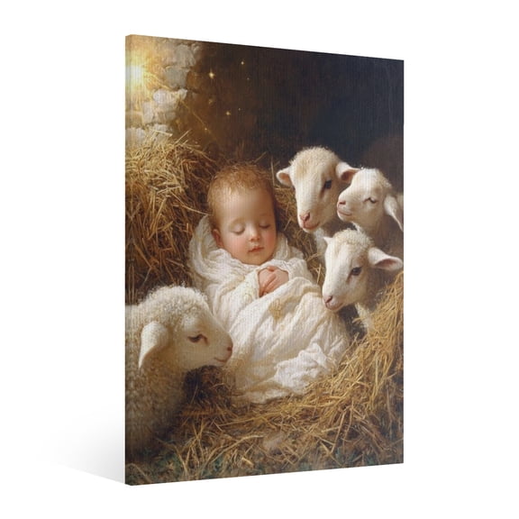 Vintage Jesus Nativity With the lamb Scene Canvas Wall Art Paint Framed , Christian Watercolor Jesus Wall Art Decor,Christmas Wall Religious Artwork for Home Living Room,Bedroom Wall Decor