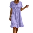 thumbnail image 2 of Ayolanni V Neck Summer Dresses for Women 2026 Solid Short Sleeve A-Line Midi Dress Travel Beach Flowy Cotton Linen Dress Purple M, 2 of 7