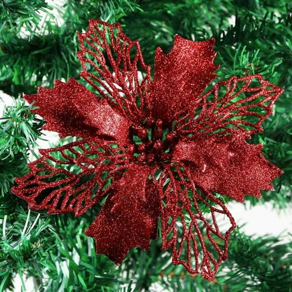 10Pcs Christmas Glitter Artificial Poinsettia Flowers Xmas Poinsettia Artificial Wedding Flowers Decorations Xmas Tree Ornaments for Party Favors, 4.8inch