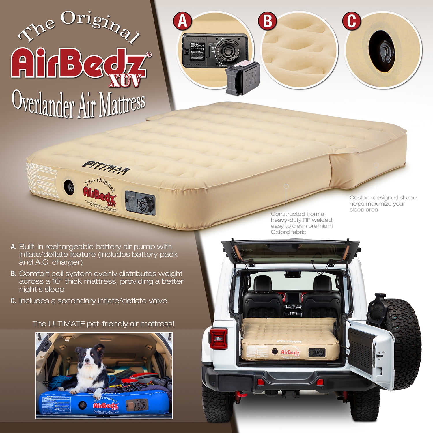 Pittman Outdoors AirBedz XUV JEEP, SUV & Crossover Vehicle Rear Seats Down Air Mattress, Built-In Rechargeable Battery Air Pump