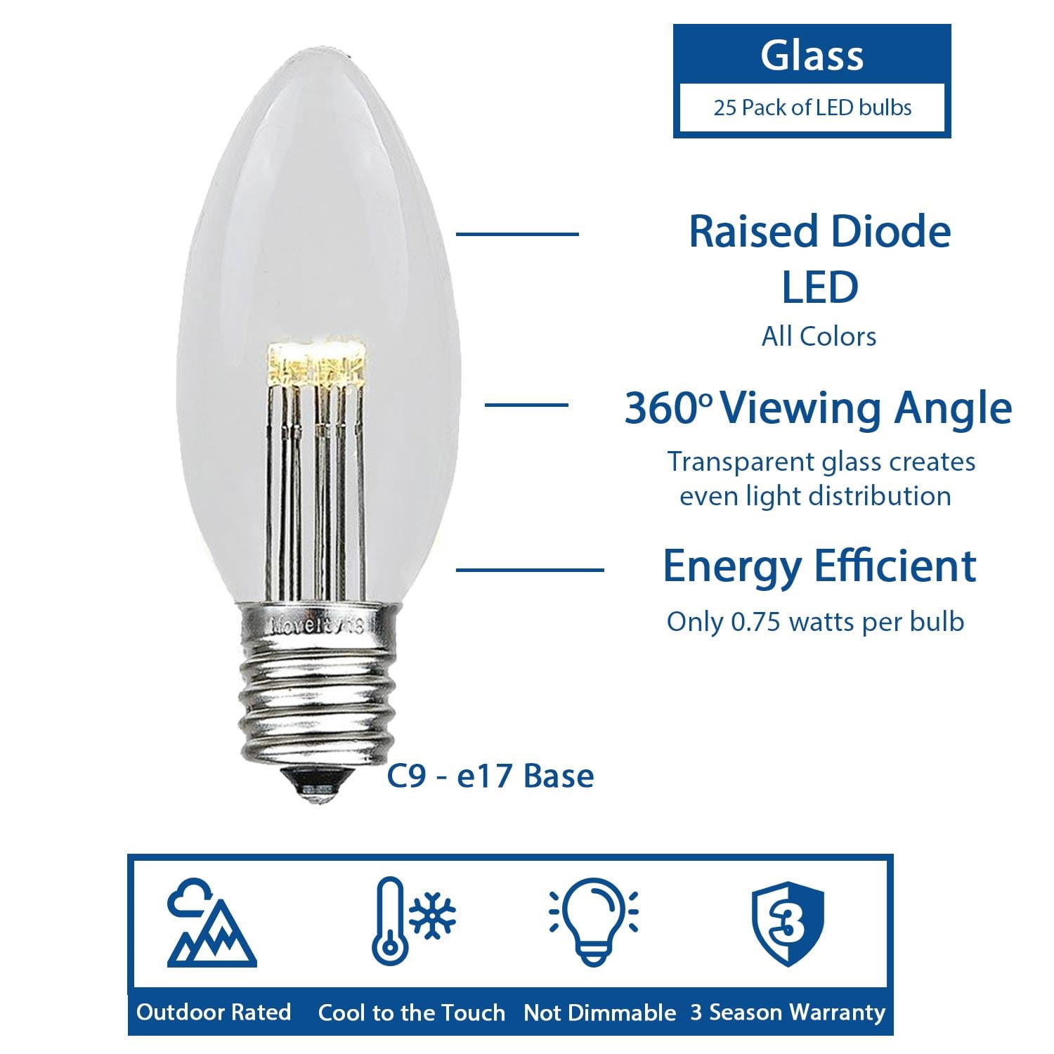 Novelty Lights 25 Pack C9 LED Outdoor String Light Patio Christmas Replacement Bulbs, Warm White, C9/E17 Base, .75 Watt