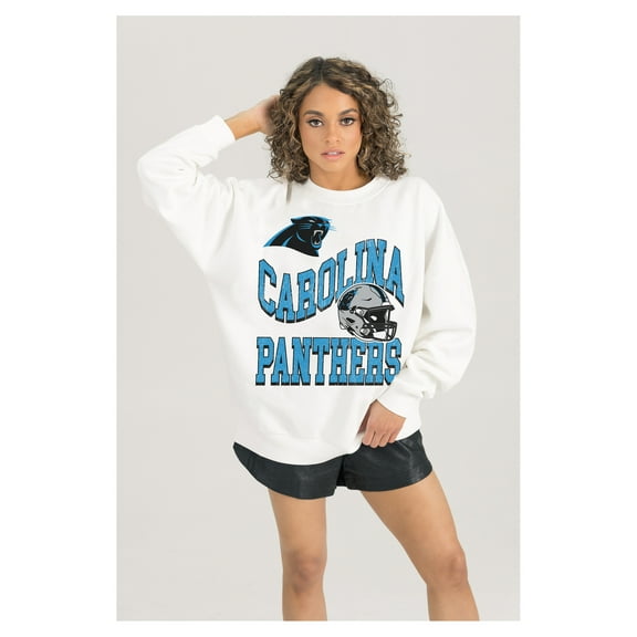 Women's Gameday Couture  White Carolina Panthers Oversized Hard Earned Premium Fleece Pullover Sweatshirt