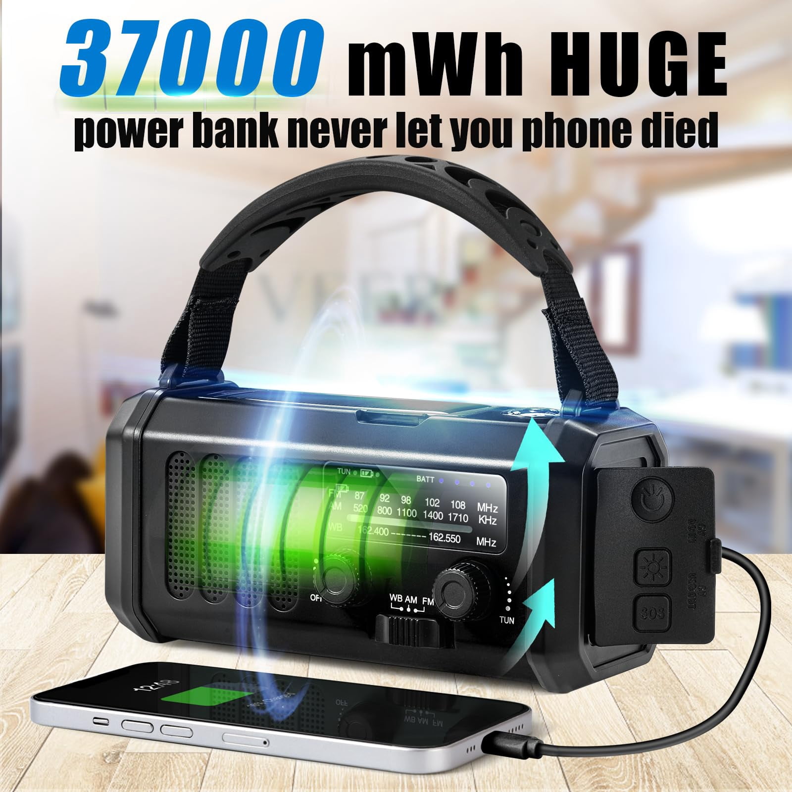 10000mah Emergency Crank Radio Noaa/am/fm Weather  Type-c Charge Solar Charging Sos 3 Modes Led Reading Lamp Compass For Outdoor Survival(black)