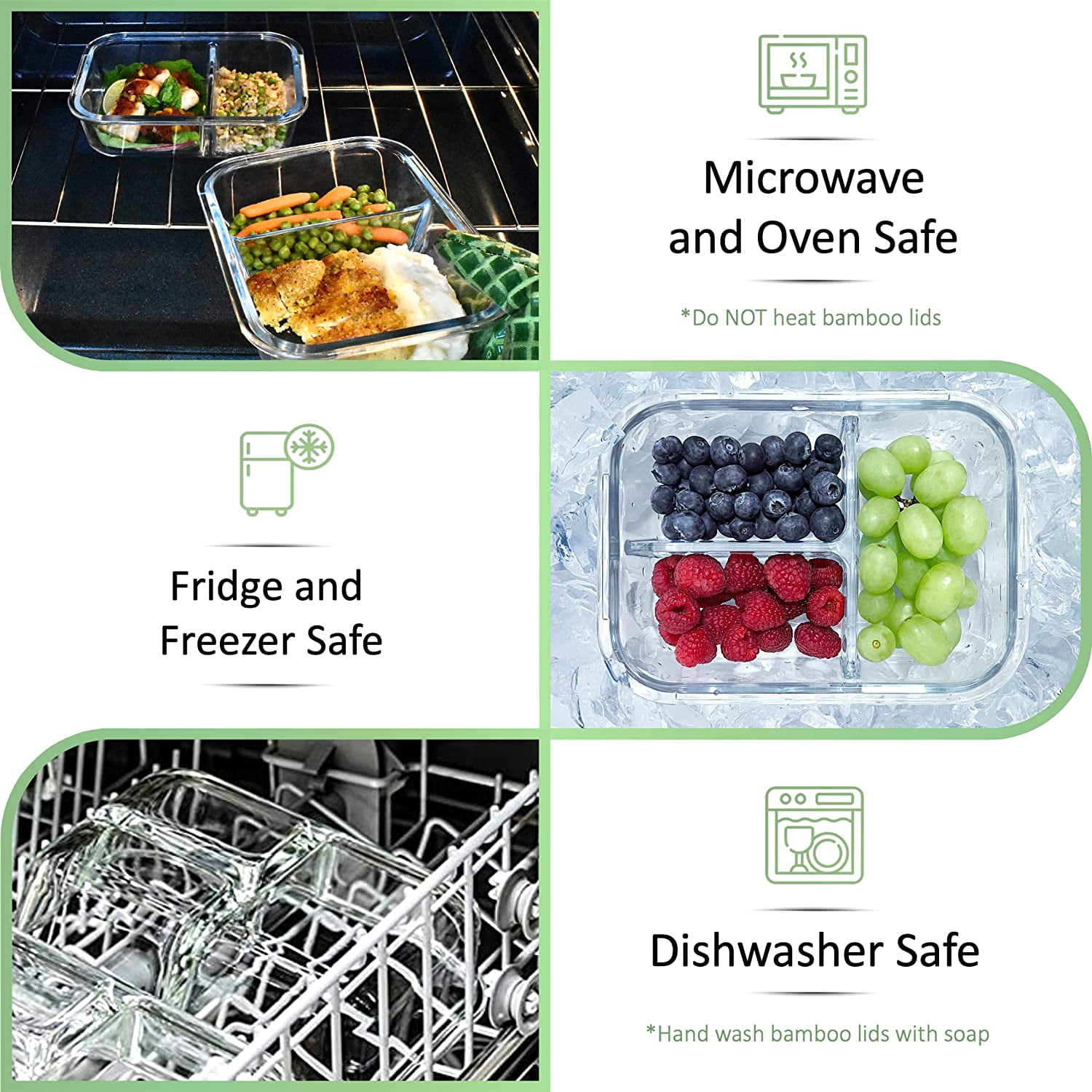 Glass Bento Box Containers with Bamboo Lids, 3 Compartment Set