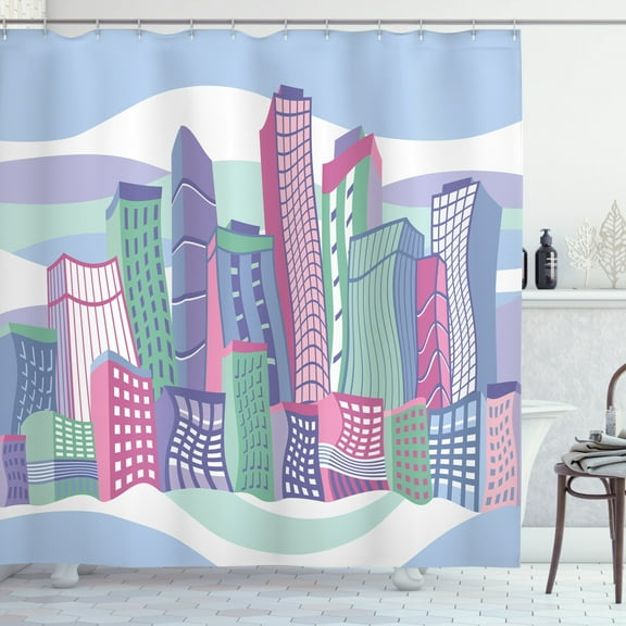 Crazy Art Shower Curtain, Contemporary Vivid Illustration of Funny Irregular Skyscrapers Buildings in City, Fabric Bathroom Set with Hooks, 69W X 70L Inches, Multicolor, by Ambesonne