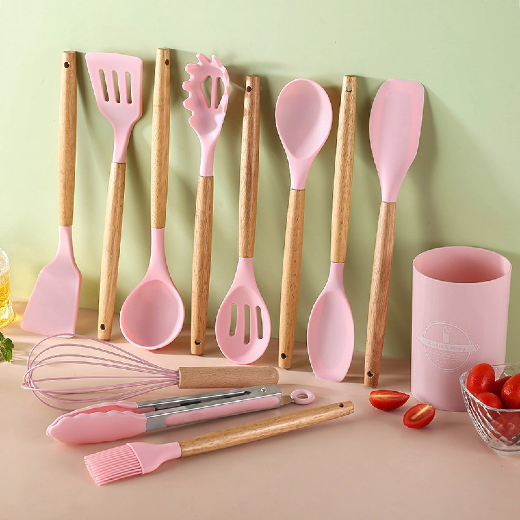 WISOLT Pink Silicone Kitchen Utensils Set - 12 Pieces with Wooden Handles & Storage Bucket, Heat-Resistant for Non-Stick Cookware.