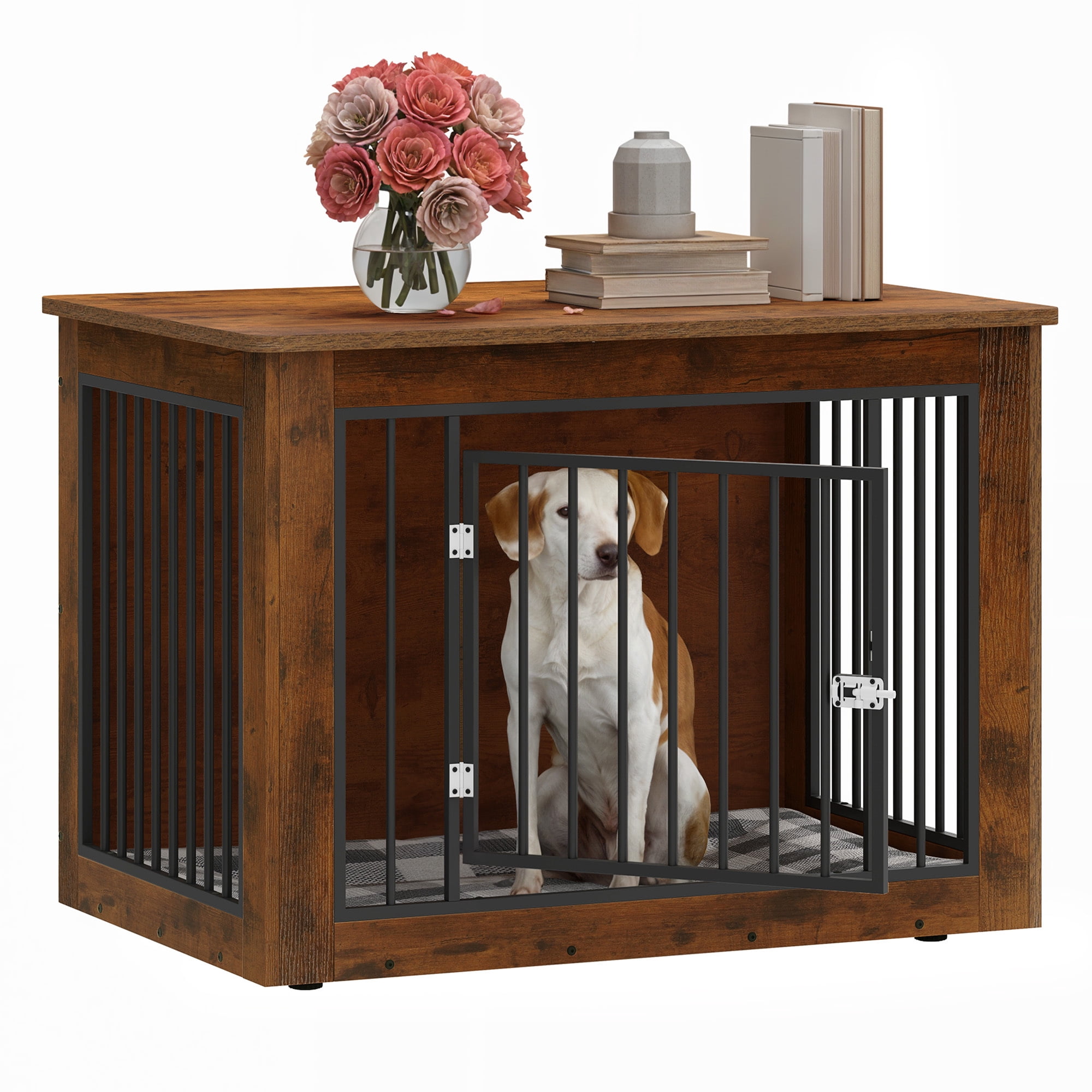 Uforic 38 Inch 2-in-1 Iron-Wood Fusion Indoor Dog Kennel Side End Table for Large Dogs, Waterproof Top & Safety Rounded Corner with Steel Lock, Holds up to 60 lbs, Rustic Brown