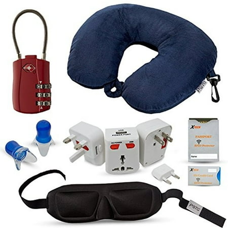 - HeroFiber Travel and Flying Comfort Kit, Includes Beaded Neck Pillow, International Adapter with USB, Eye Mask, Noise Canceling Ear plugs(reusable), TSA Approved Luggage Lock, RFID Identity Fraud Protector