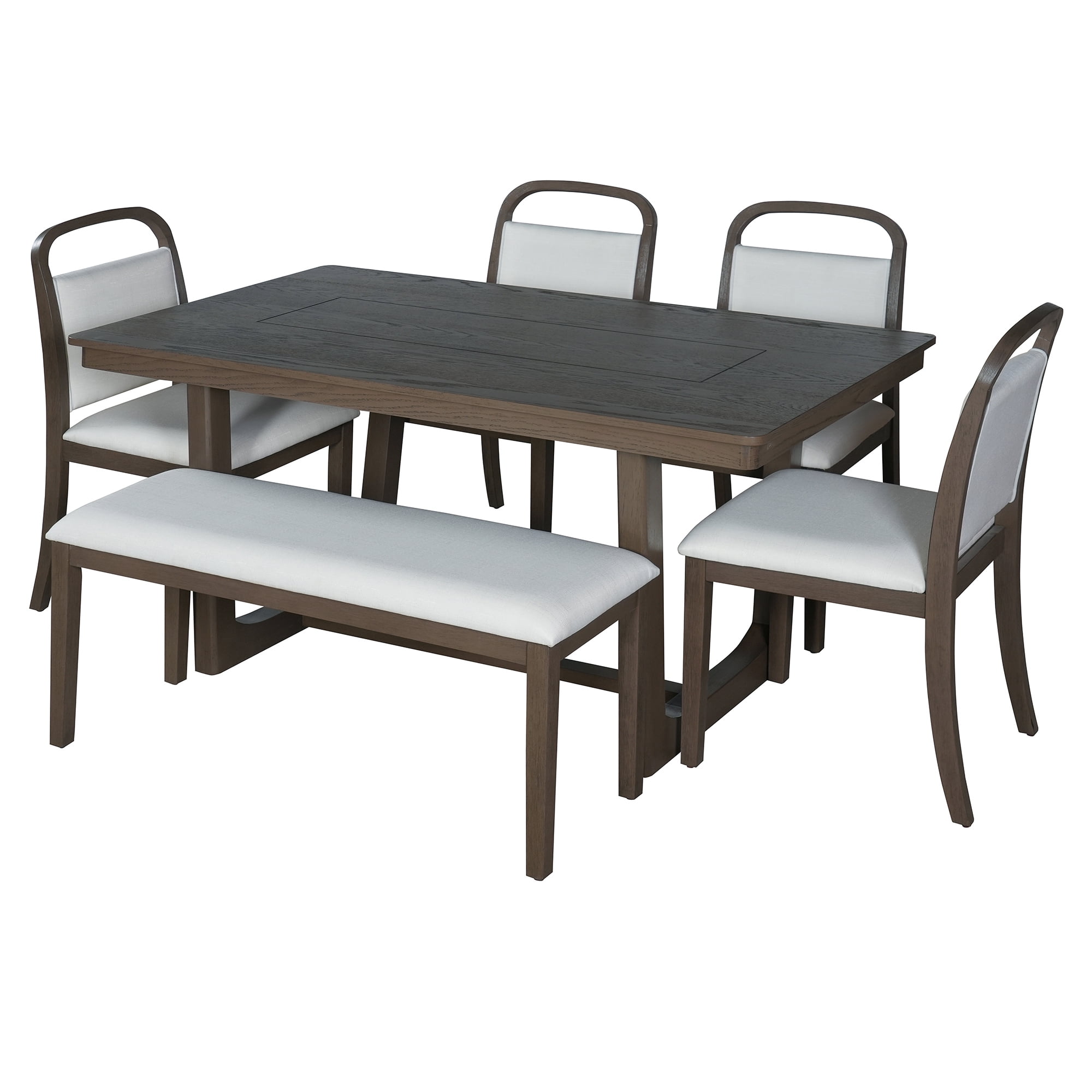 Euroco Farmhouse 6-Piece Dining Table Set for 6, Wood Rectangular Kitchen Table with 4 Upholstered Chairs & 1 Bench for Dining Room, Kitchen,Brown