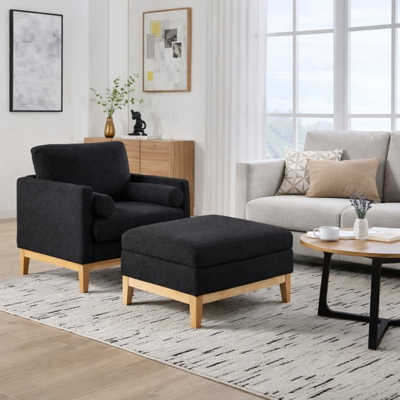 GOMYHOME Boucle Accent Chair with Storage Ottoman, Rubber Wood Base Lounge Chair Set