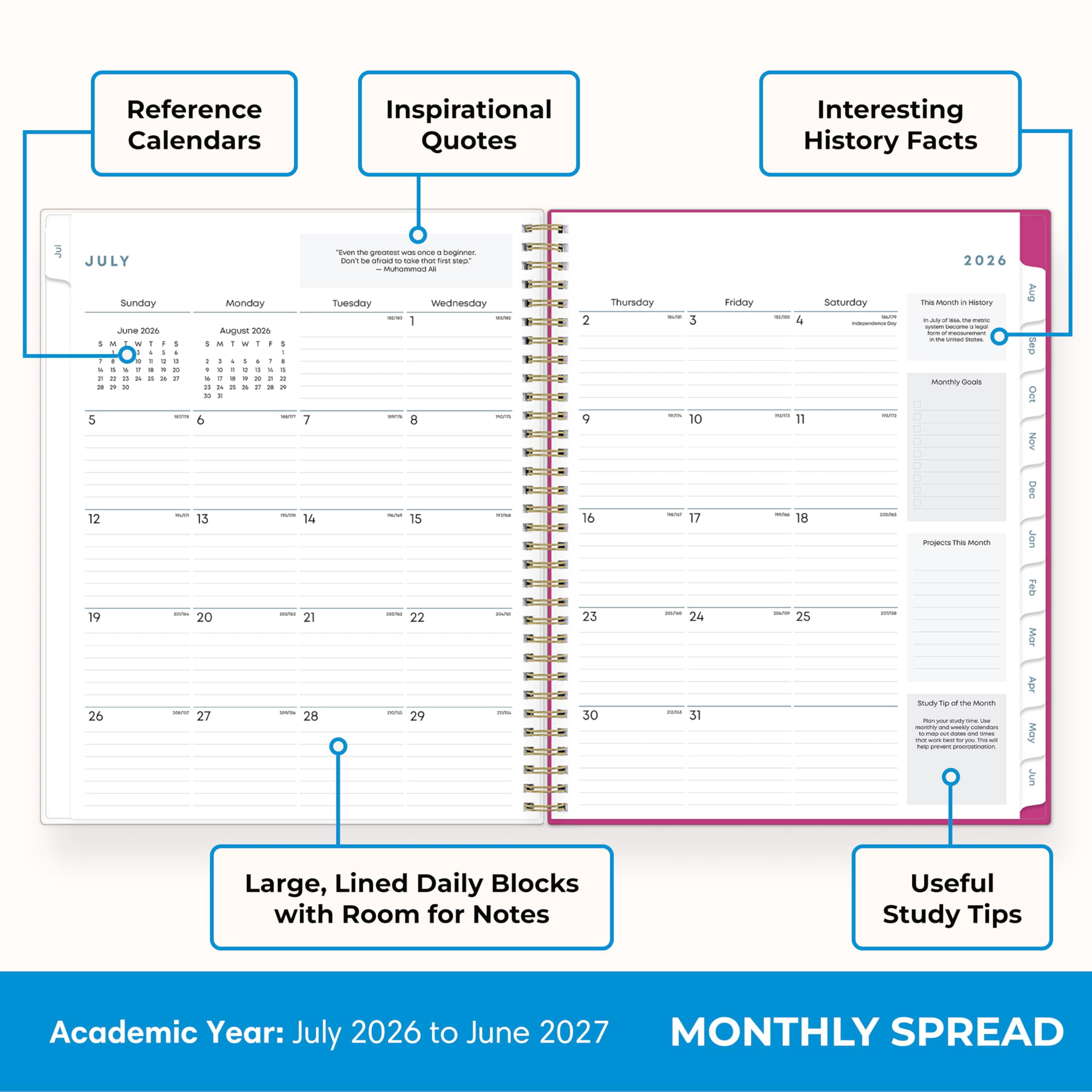 Blue Sky 2026-2027 Weekly and Monthly Academic Year Student Planner Calendar, July 2026 - June 2027, 8.5" x 11", Flexible Cover, Wirebound, Laminated Tabs, Storage Pocket, Star Confetti Bright