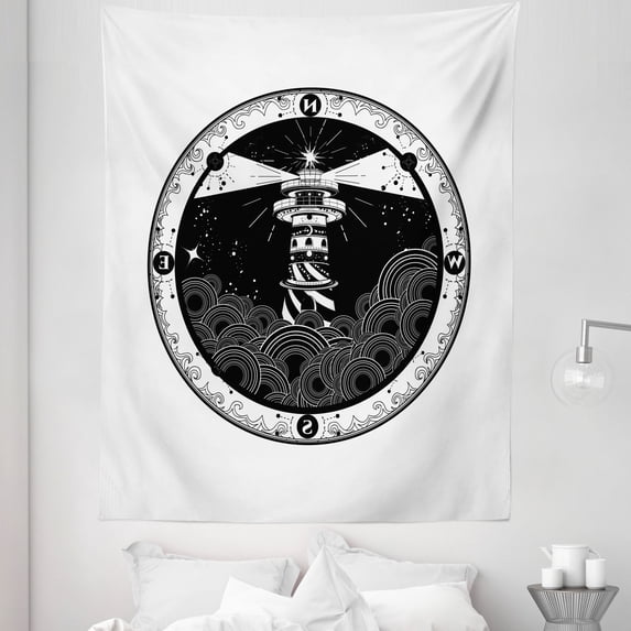 White Boho Tapestry, Lighthouse Mariner Lost North West Compass Ship Find Your Way Mono Colored, Fabric Wall Hanging Decor for Bedroom Living Room Dorm, 5 Sizes, Charcoal Grey, by Ambesonne