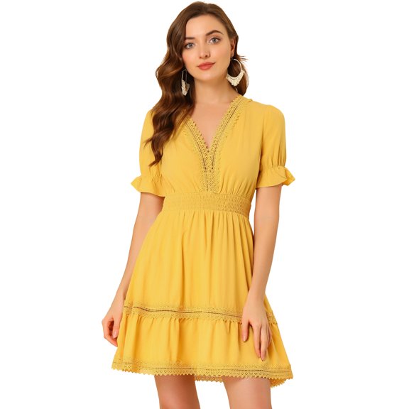 Mini vestido Allegra K Amarillo XS manga corta cuello V cintura elástica