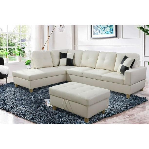 Ponliving Cream 103 5 Left Facing Sleeper Sectional With Storage Ottoman Living Room Couches Set White Leather Com Ponliving Cream 103 5 Left Facing, Cream Leather Sectional Sofa