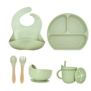 NAZIRABABY 8 Piece Baby Feeding Set Suction - Silicone Suction Bowls, Divided Plates, Straw Sippy Cup - Toddler Self Feeding Eating Utensils Set with Bibs, Spoons, Fork (Magic Mint)