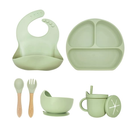 NAZIRABABY 8 Piece Baby Feeding Set Suction - Silicone Suction Bowls, Divided Plates, Straw Sippy Cup - Toddler Self Feeding Eating Utensils Set with Bibs, Spoons, Fork (Magic Mint)