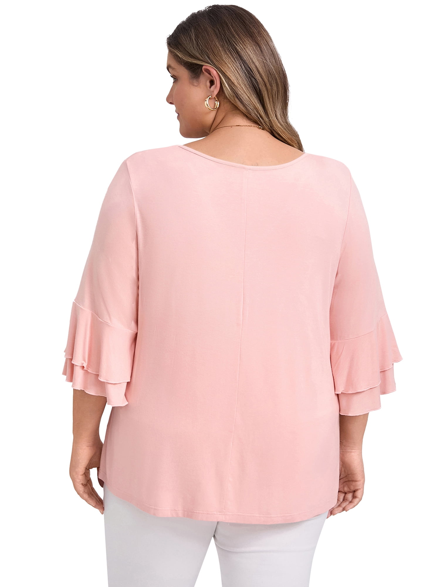 DARING DIVA Women's Plus V Neck Ruffle 3/4 Sleeve Pleated Front Casual Blouse 2X Pink