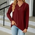 thumbnail image 2 of Besolor Womens Long Sleeve Blouses Fall Casual Loose Fit T-Shirts V Neck Button Decor Solid Color Comfy Tunic Tops, 2 of 7