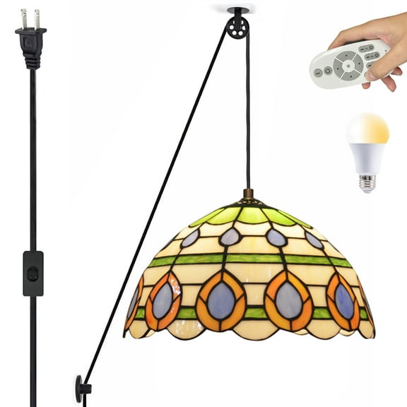 Kiven Plug in Glass Pendant Light ,Classic Pulley Hanging Light with Remote Control,Retro Dimmable Ceiling Pendant Light for Bedroom Foyer Hallway Kitchen Island, E26 Socket