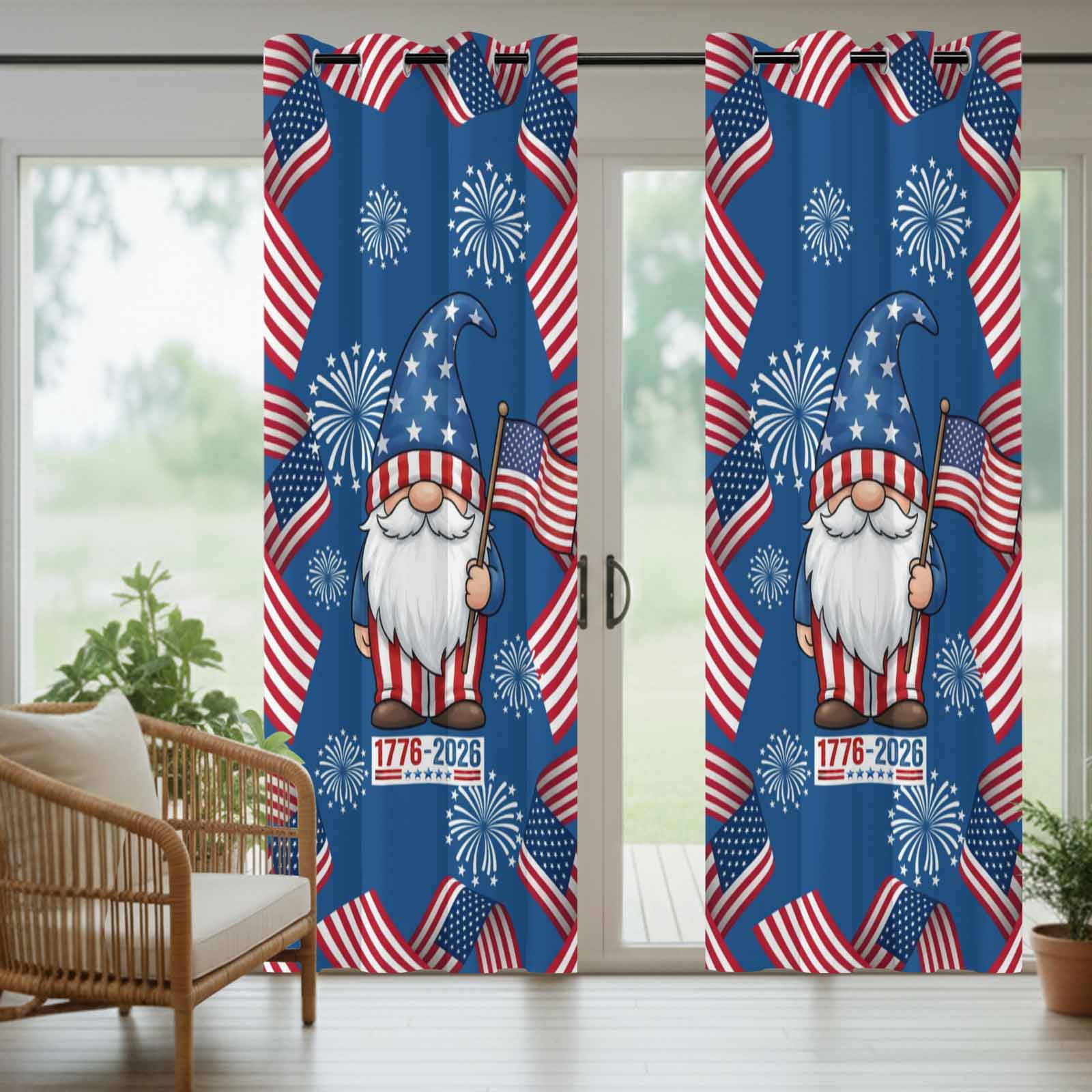 Independence Day Outdoor Curtains for Patio, U. S. Flag Cartoon Gnome Graffiti Firework Sunshade Privacy Drapes Grommet Waterproof Outside Curtains for Porch/Cabana/Balcony 54"x 108", 1 Panel