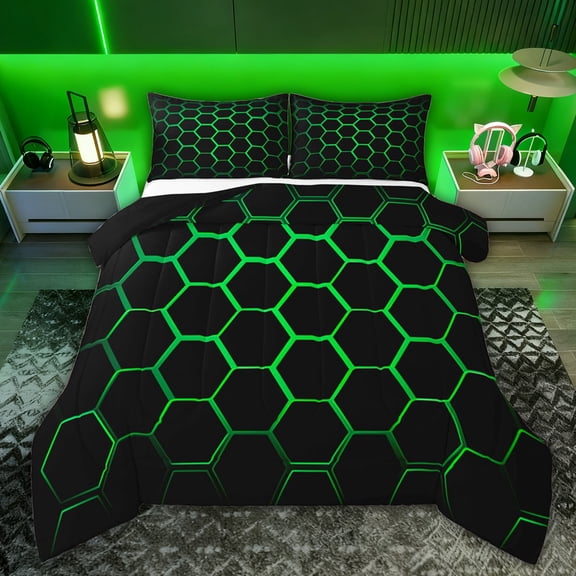 Feelyou Honeycomb Teen Twin Comforter Sets, Neon Green Rectangle Bedding Set, 2 Pieces