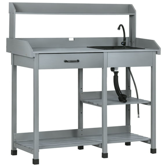Potting Bench Table, Outdoor Garden Table Wooden Work Station with Removable Sink, Faucet, Drawer, Shelves, Hooks, Gray